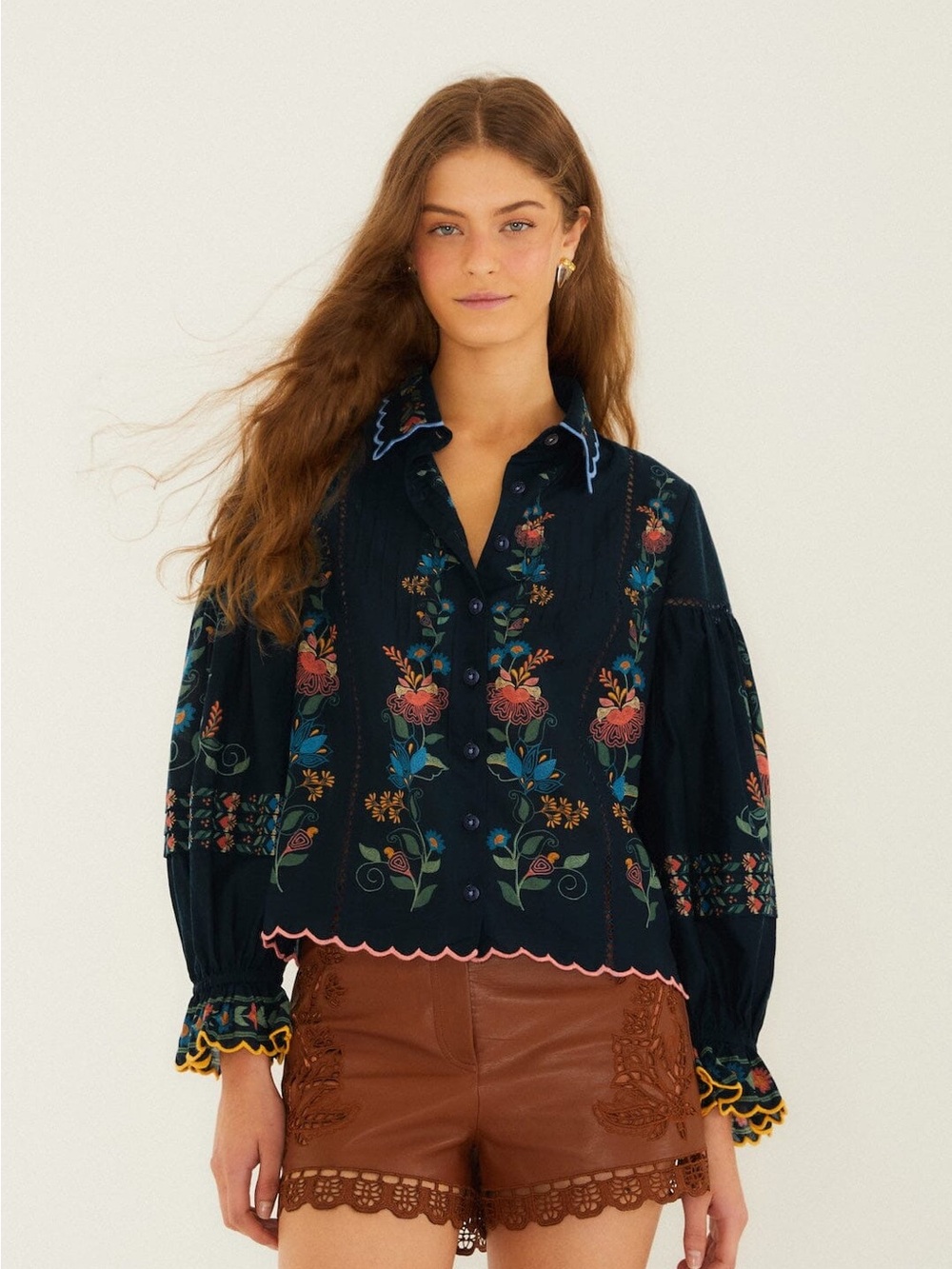 FARM Rio Navy Blue Stitched Garden Wavy Hem Blouse